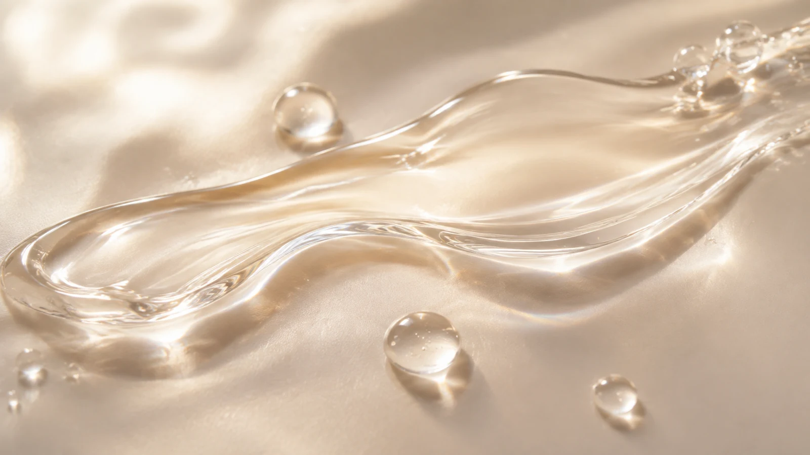 A clear serum ribbon catching soft light